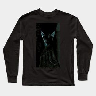 Digital collage, special processing. Strong, muscular men figure, arabian skirt, dark room. Demon. Gray and blue. Long Sleeve T-Shirt